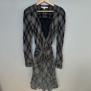 Veronica Beard Plaid Wrap Dress Black Gray Gold Metallic Ruffle Lined Skirt Sz 6